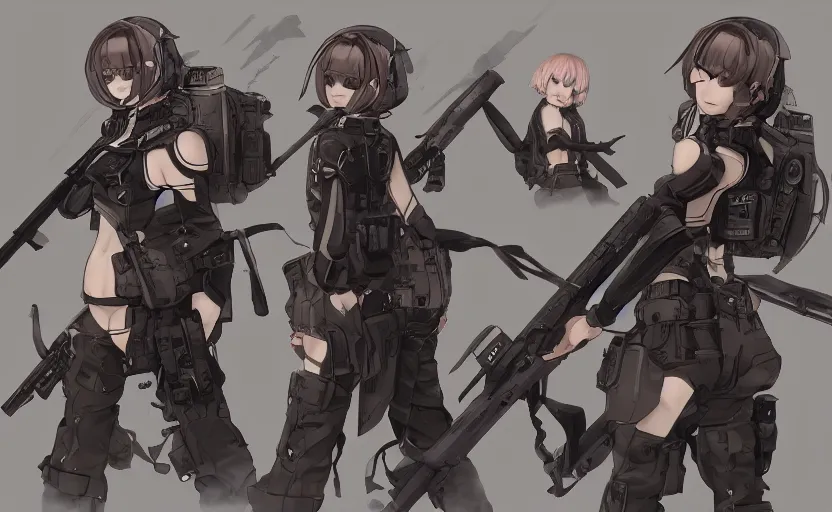 Image similar to highly detailed, high resolution, character design art, stunning, volumetric lightning, realistic shipgirls, girls frontline style, matte, sharp focus, warship turrets, warship parts, 150mm, illustration, artstation, by kuvshinov ilya, realistic human anatomy, simple design, realistic military gear, from kantai collection movie