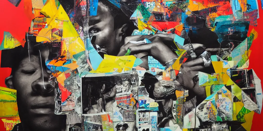 Image similar to memphis hip hop, collage paper and tape, acrylic on canvas, hyperrealism mixed with expressionism, high resolution, cinematic, unreal 6 breathtaking detailed, by blake neubert