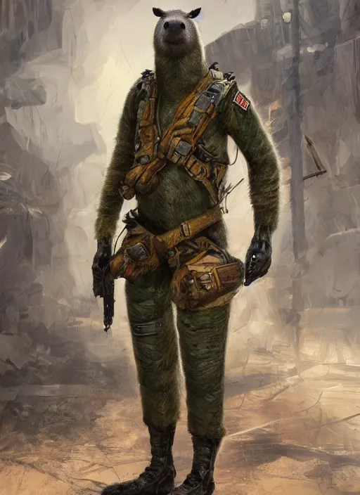 Image similar to detailed full body concept art illustration oil painting of an anthropomorphic capybara military in full intricate clothing, biomutant, dystopian, ultra detailed, digital art, octane render