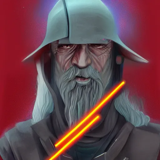 Image similar to cyberpunk robotic gandalf, sharp lines, digital, artstation, colored in