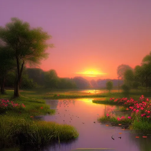 Image similar to a painting of a duck pond at sunset, surrounded by flower bushes, a detailed matte painting by marc simonetti, deviantart, hudson river school, terragen, pink clouds, pastel sky, trending on artstation