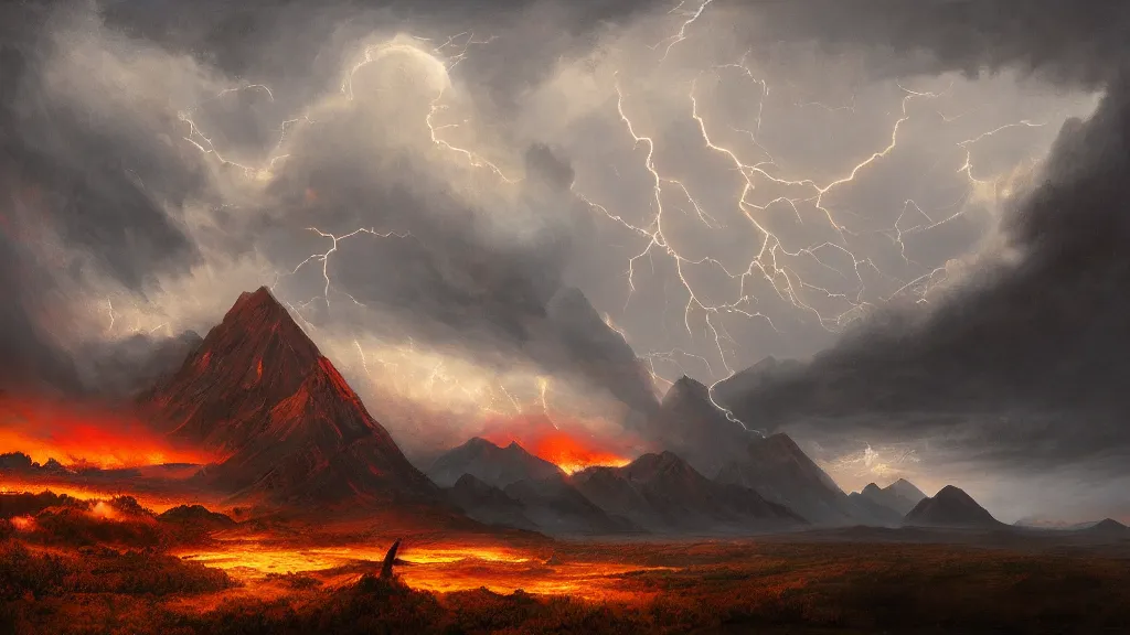 Image similar to a cinematic landscape photograph of a mountains peak in the clouds, a fiery dragon flys in the sky, thunder and lightning, lee madgwick