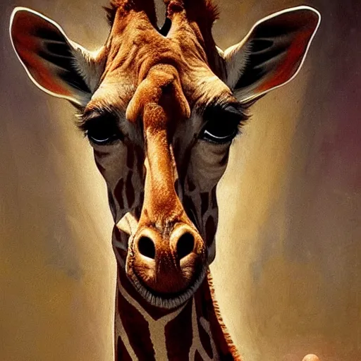 Image similar to portrait of a proud old giraffe doctor working in a chemical lab, artwork by gaston bussiere, craig mullins, trending on artstation, giraffe dressed as a scientist, using googles and wearing a doctor coat