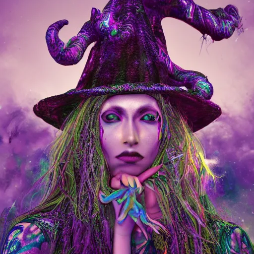 Prompt: psychadelic witch with a witch hat, hyper detailed, flowing psychadelic background intricate and detailed, digital art, baroque style, 8 k, octane render