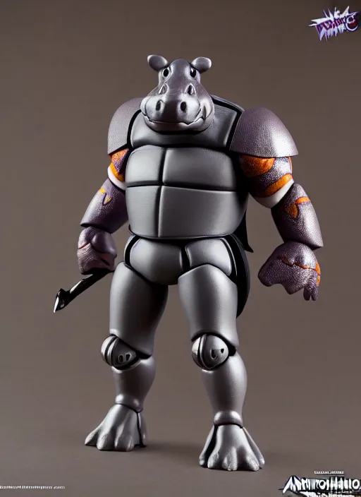 Prompt: Anthropmorphic hippo knight action figure from Transformers: Kingdom, TMNT, symmetrical details, by Hasbro, Playmates Toys, Don Bluth, tfwiki.net photography, product photography, official media