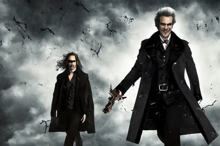 Prompt: vfx movie suave handsome grinning vampire with long white hair, trench coat, dual wielding large revolvers, ascending into the air in a shattered reality of new york city, by emmanuel lubezki