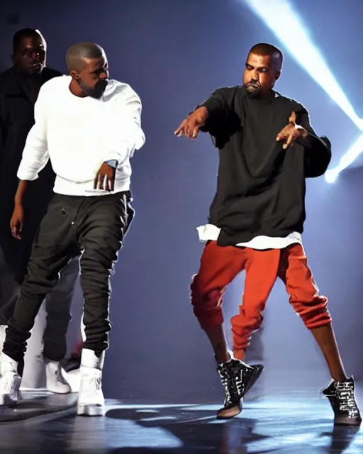 Prompt: kanye rapping on stage but his clothes are ten times too large for him