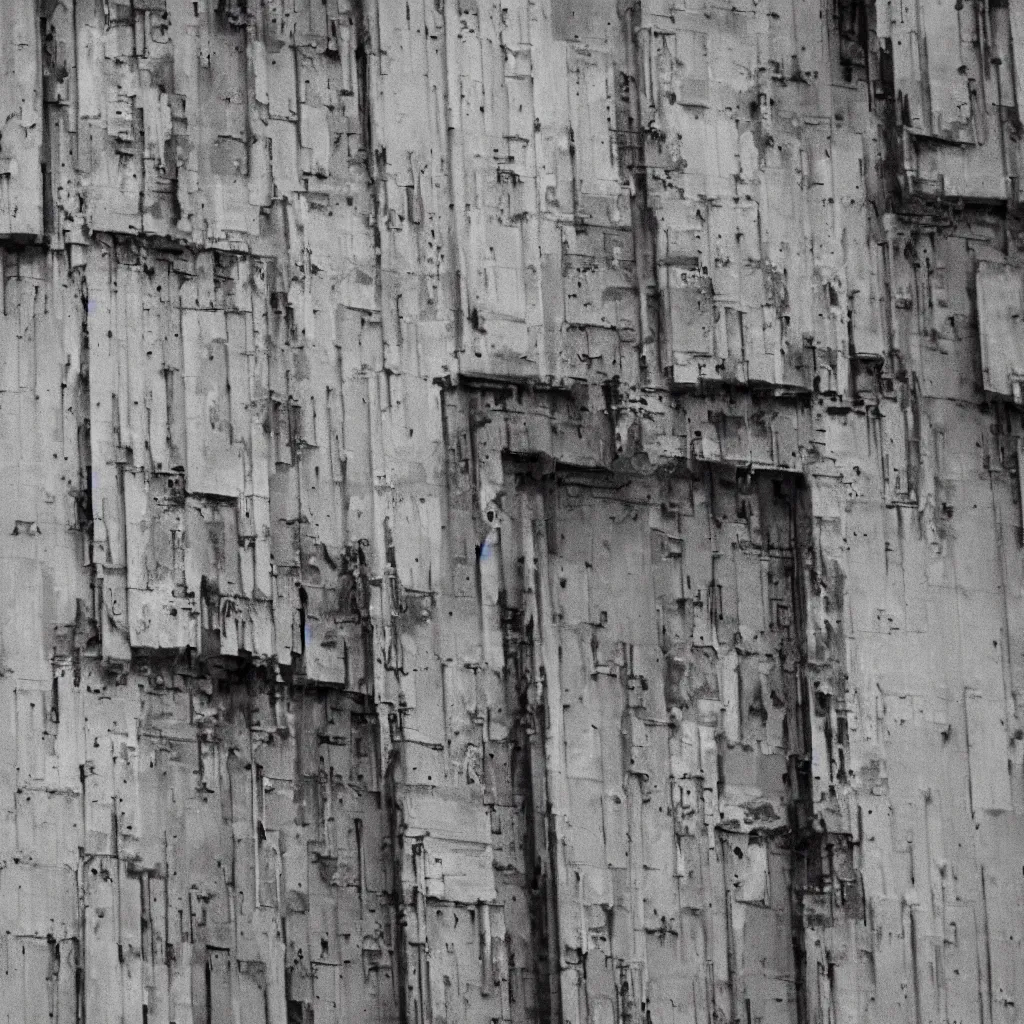 Prompt: close - up view of a tower covered by various different doors, bleached colours, moody cloudy sky, dystopia, mamiya, f 1. 8, very detailed, photographed by bruno barbey