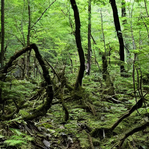 Image similar to aokigahara riddled with rotten corpses, overgrown, lumpy, 8 k