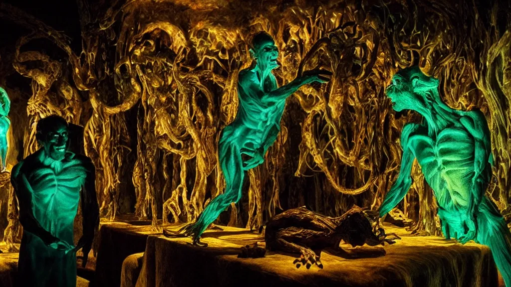 Image similar to museum of strange creatures, made of glowing oil, film still from the movie directed by denis villeneuve and david cronenberg with art direction by salvador dali and dr. seuss