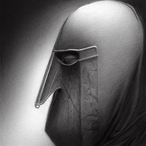 Prompt: a person wearing a plague mask and a hood, a charcoal drawing by richard mortensen and zdzislaw beksinski, trending on cgsociety, remodernism, matte drawing, zbrush, hyper realism