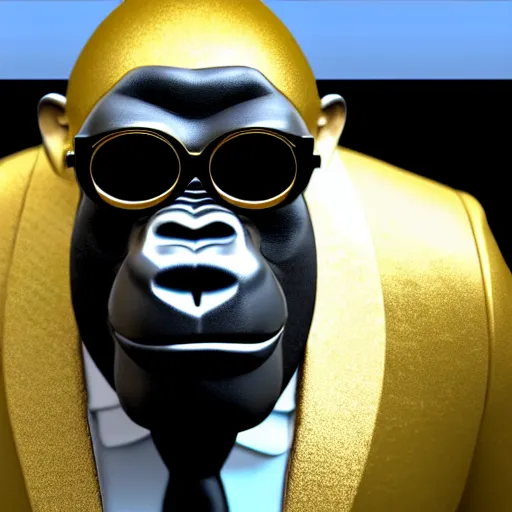 Image similar to a gorilla wearing a nice tuxedo, wearing shades and wearing gold chains, photorealistic, 8 k, unreal engine 6, highly detailed, coherent,