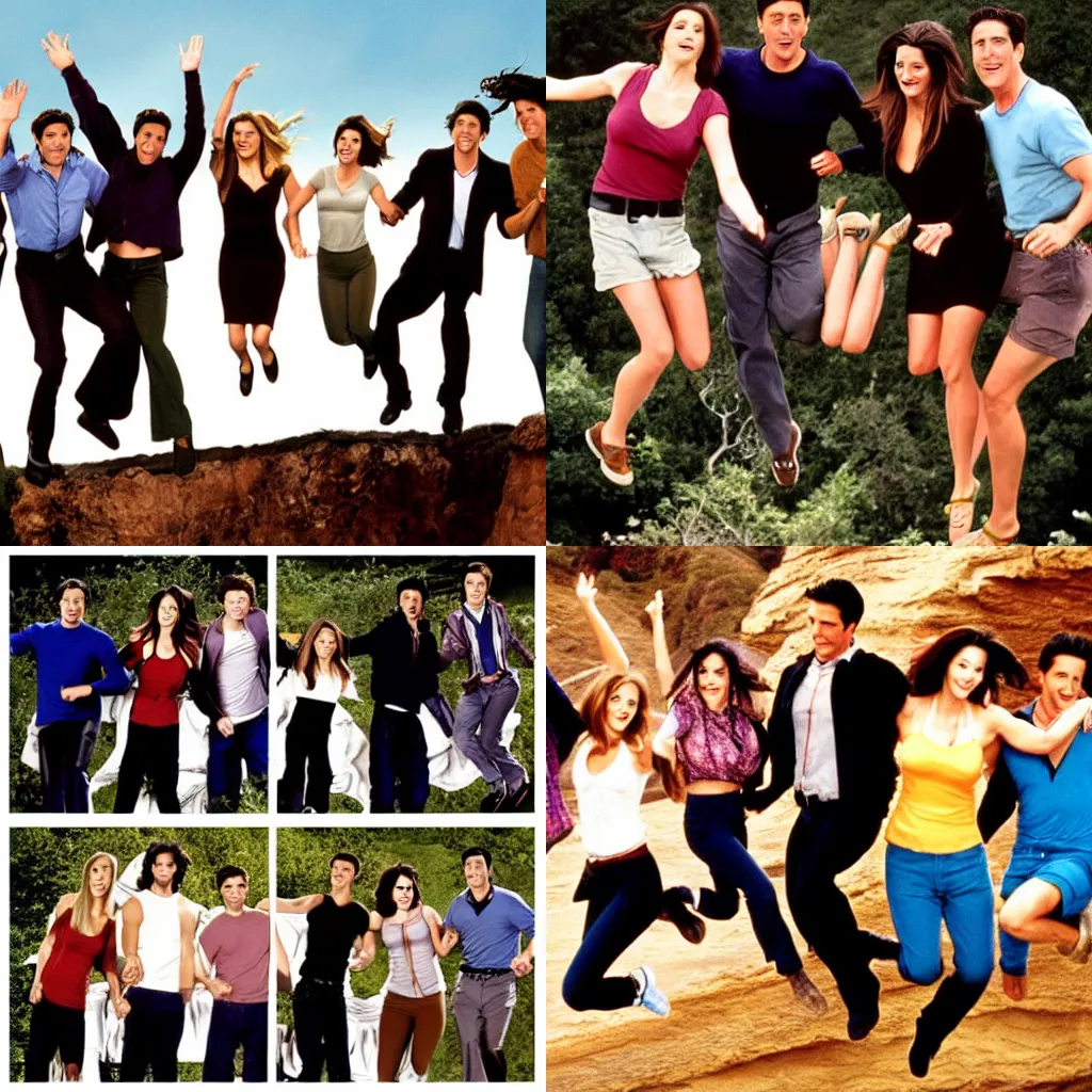 Prompt: the cast of friends jumping off a cliff