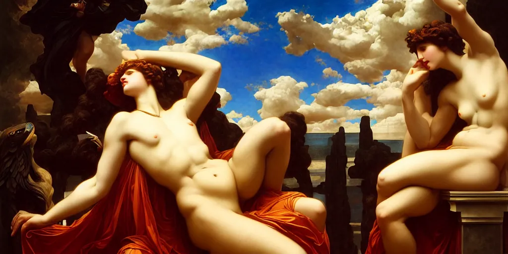 Prompt: greek mythology, an art deco painting by Frederic Leighton and Daniel Maclise and Rolf Armstrong and Evelyn De Morgan and Bastien Lecouffe-Deharme, dutch golden age, dramatic lighting, high contrast colors, baroque, empyrean, panoramic view, cgsociety, highly detailed, doom engine,
