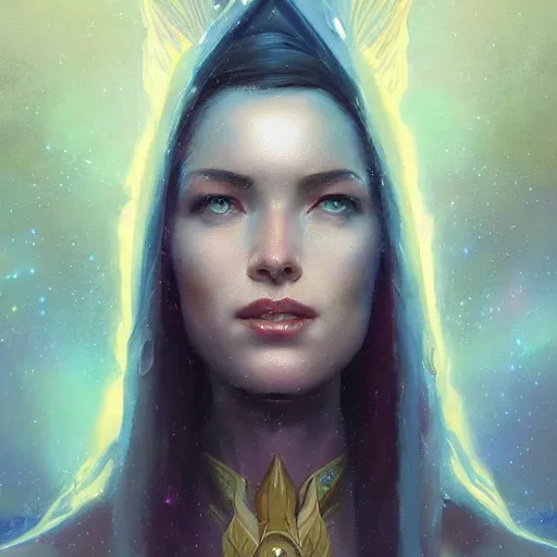 Image similar to a beautiful portrait of a cosmic goddess by Greg Rutkowski and Jim Burns, Trending on Artstation, nebula background