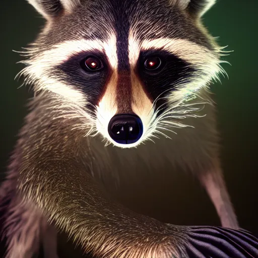 Image similar to a hyperrealistic octane render of a raccoon with camera lenses for eyes, photorealism, unreal engine, dramatic lighting, volumetric lighting, uplighting