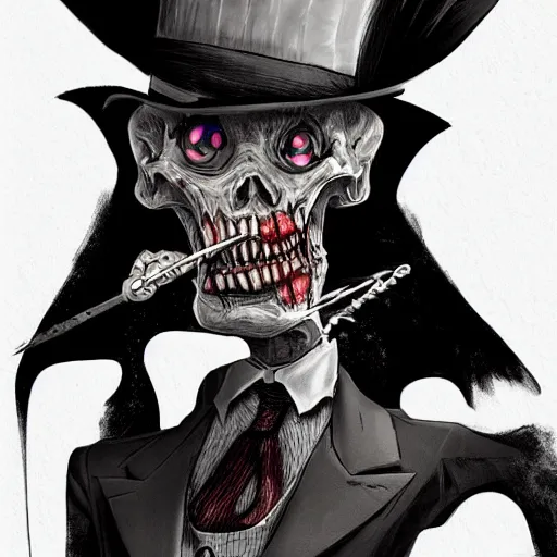 Image similar to undead, ghoul, zombie, top hat, tuxedo, concept art, character, digital painting, highly detailed, artstation, style kim jung gi, style junji ito