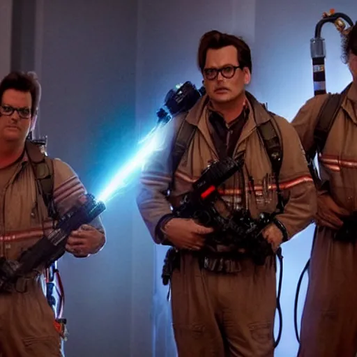 Image similar to stunning awe inspiring johnny depp as a ghostbuster in the movie ghostbusters, highly detailed face, movie still 8 k hdr atmospheric lighting