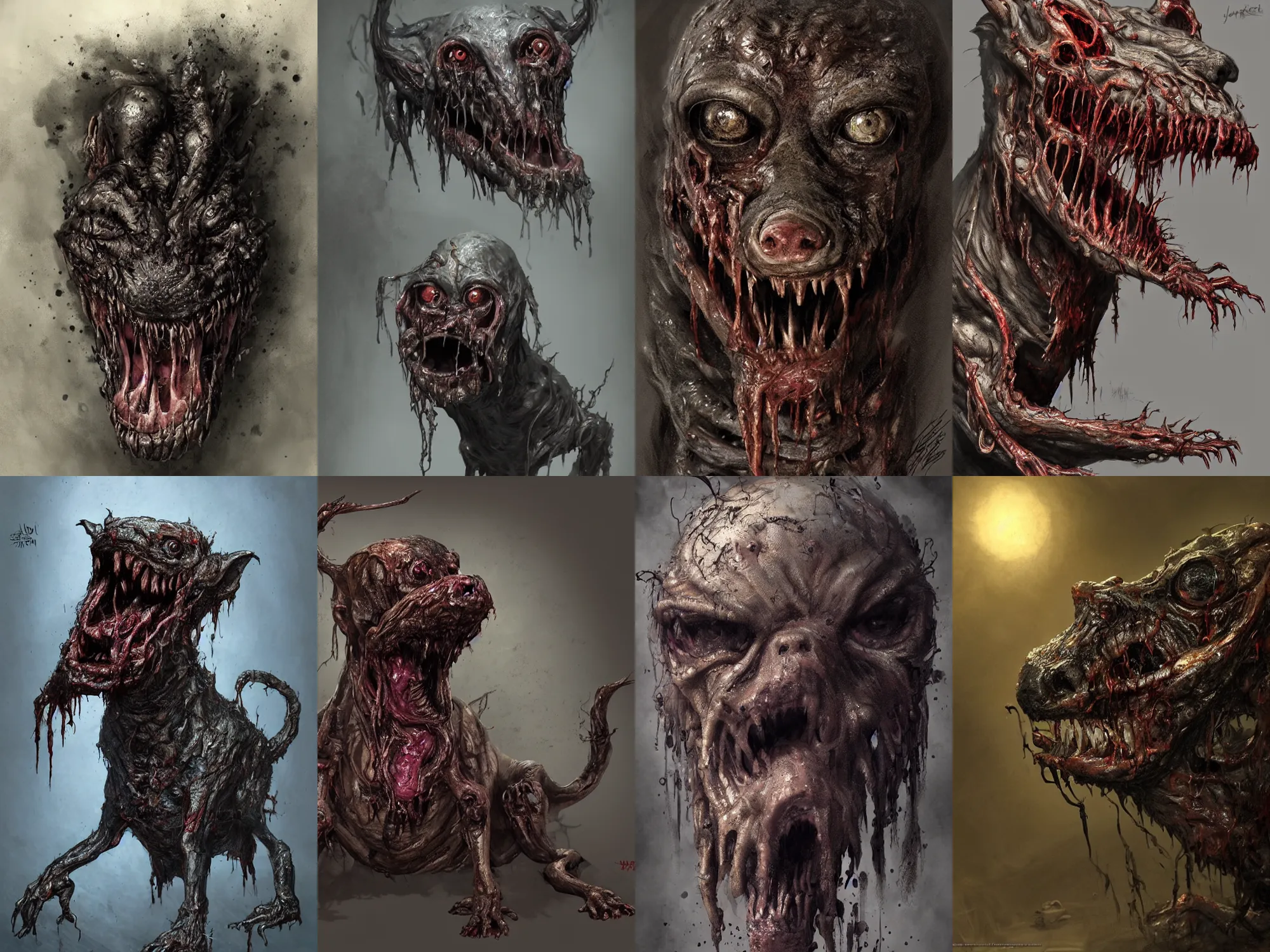 Prompt: a nightmarish slimy monster ( dog ), with black eyes, rotting flesh, exposed bone, by jerad marantz, concept art, dramatic lighting, highly detailed digital painting