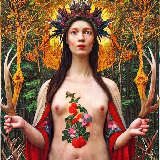 Image similar to queen of the forest wearing an antler crown, by Annie Swynnerton and Nicholas Roerich and (((Donato Giancola))), embroidered robes, floral tattoos, bioluminescent skin!, elaborate costume, geometric ornament, symbolist, soft colors, dramatic lighting, smooth, sharp focus, extremely detailed