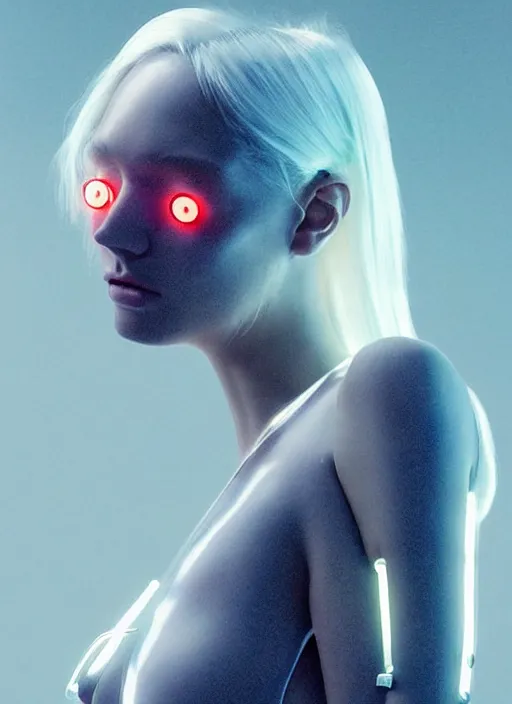 Image similar to a sensual scandinavian female humanoid with freckled cheeks, cyber neon lighting, futurism, intricate futuristic jewelry accessories, cyberpunk glossy white latex swimsuit, profile posing, hyper photorealistic, crispy quality, digital photography, trending in artstation, trending in pinterest, cinematic, 4 k ultra hd, art by pascal blanche, art by greg rutkowski,