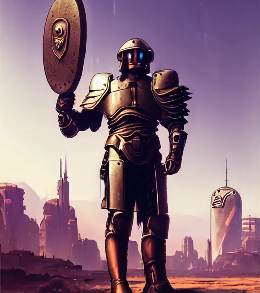 Image similar to a large cyberpunk western style paladin in rounded heavy plate armor with large shoulder pads and a spartan helmet and a very large circle shield he is holding a large spear in a cyberpunk setting, dnd magazine cover, style by vincent di fate, artgerm, cyberpunk 2 0 7 7, very coherent, detailed, 8 k resolution, unreal engine, daz