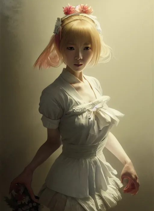 Image similar to symmetry!! portrait of a pretty japanese girl with blonde hair dressed as a french maid, elegant, highly detailed, digital painting, 8 k, concept art, smooth, sharp focus, illustration, ethereal, misty, octane render, by ruan jia and greg rutkowski and alphonse mucha