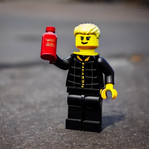 Image similar to photo of lego figure in black Adidas spotwear, holding a bottle, bokeh