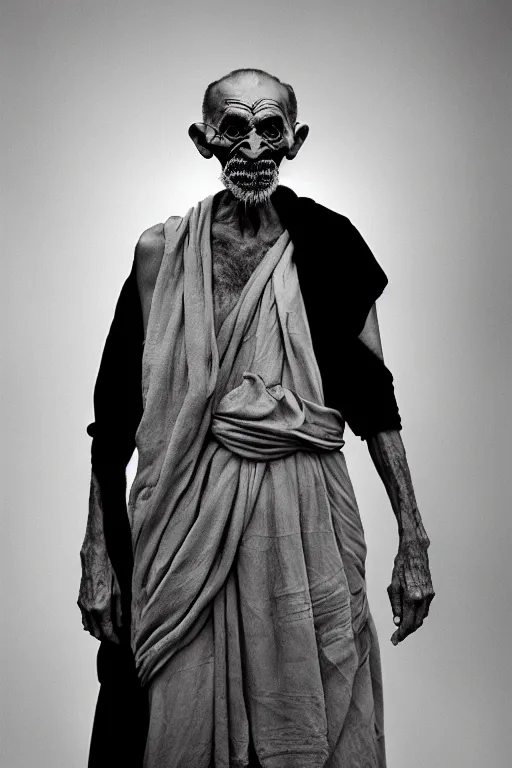 Prompt: 5 mm f 8 full body portrait photography of a person that looks like a mix of claudia black + mahatma gandhi, future apocalypse setting, by yousuf karsh