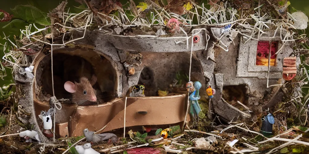 Image similar to mouse build a utopia out of a trashy human bathroom, photo realistic, wild angle lens, nat geo award winner