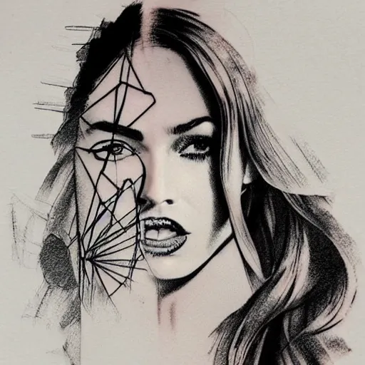 Prompt: double - exposure tattoo sketch of megan fox shaped in beautiful mountains, in the style of dan mountford