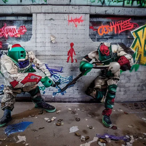 Image similar to toy soldiers fighting in an abandoned graffiti subway