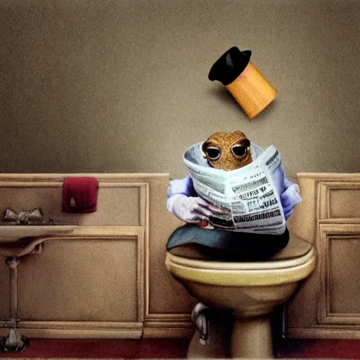 Image similar to a toad on the toilet reads a newspaper in a hat and smokes a pipe 4 k full nd, hyperrealism