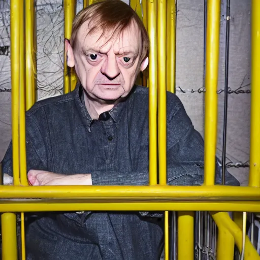 Prompt: mark e smith in a small cage marked for sale