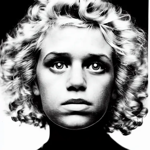 Image similar to symmetrical human portrait of lisa simpson with blonde curly hair, grainy high contrast black and white photography photo print ilford warm tone