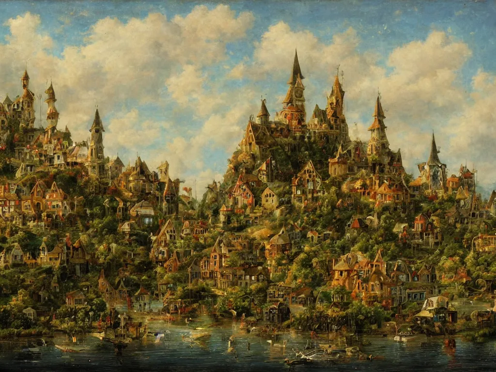 Image similar to an old enchanted fantasy town, viewed from the harbor, by jean - baptist monge,