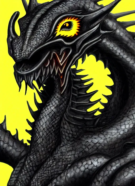 Image similar to portrait of black dragon with yellow eyes, fantasy, dnd, magical, simple background