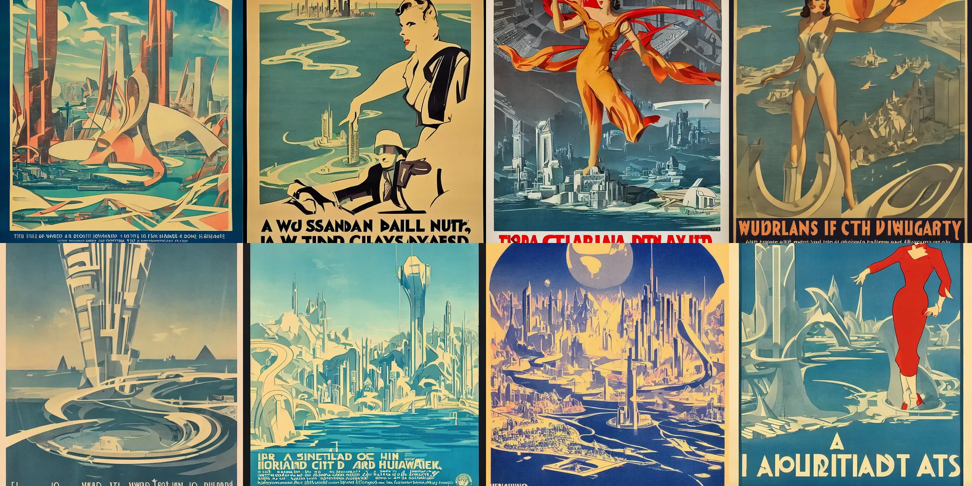 Prompt: a propaganda poster from 1940 of a futuristic city located in an island isolated by water. Art Nouveau style