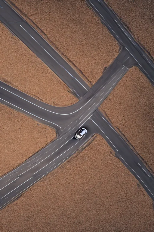 Prompt: Drone Photo of a Porsche 911 Carrera 3.2 on a wide winding road, volumetric lighting, Desert, summer, Cinematic, award winning.