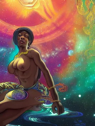 Image similar to highly detailed digital painting of a black female celestial being experiencing nirvana in space, colorful nebulas and planets in the background, highly detailed, intricate design, cinematic view , 8k resolution, artstation, by Akihiko Yoshida, Alphonse Mucha and Moebius