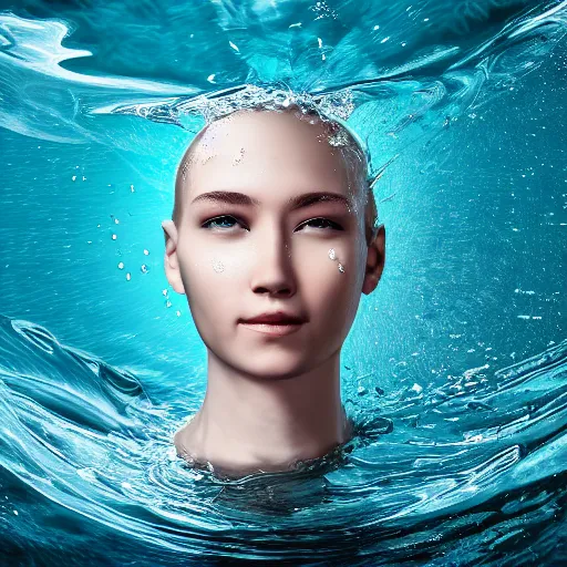 Image similar to water artwork manipulation in the shape of a human head, on the ocean water, ray tracing, realistic water sharp focus, long shot, 8 k resolution, cinematic, amazing water art, hyper - realistic