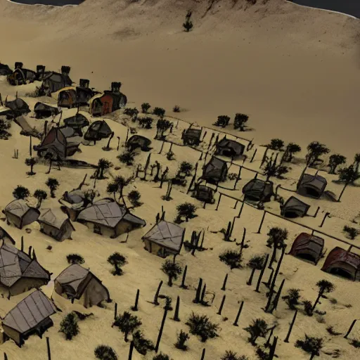 Image similar to a small village with zombie people in a barren desert