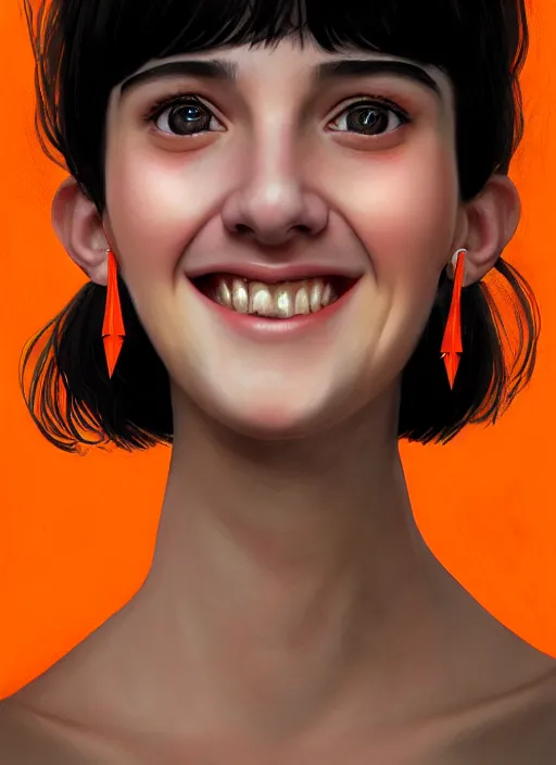 Image similar to portrait of high school girl, realistic, black hair, bangs, half updo hairstyle, pointy nose, skinny, smile, ugly, defined jawline, big chin, orange hair bow, earrings, intricate, elegant, glowing lights, highly detailed, digital painting, artstation, sharp focus, illustration, art by wlop, mars ravelo and greg rutkowski