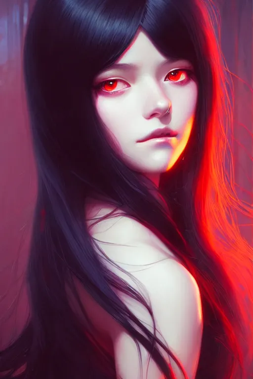 Prompt: a beautiful girl with long black hair and red eyes, fantasy, sharp focus, intricate, elegant, digital painting, artstation, matte, highly detailed, ambient lighting, portrait by Studio Ghibli, Rossdraws, artgerm, Ilya Kuvshinov, and Greg Rutkowski