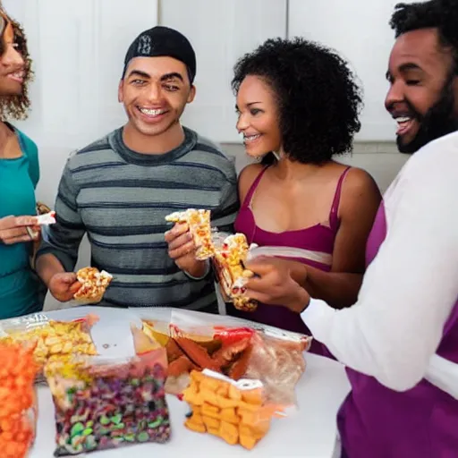 Prompt: people at a party eating out of snack bags