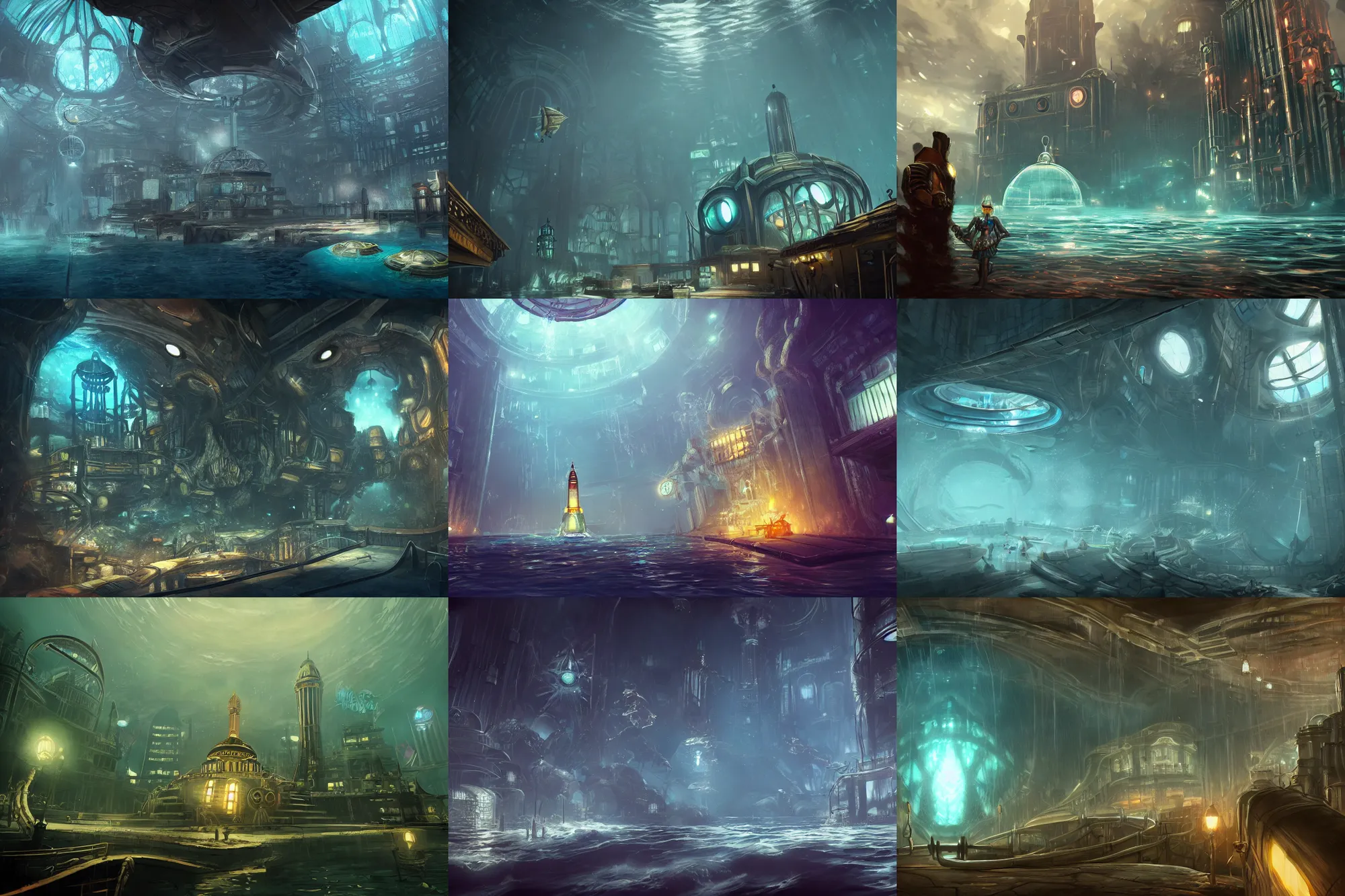 Prompt: Cordell Felix bioshock rapture underwater city glass domes abyssal trending on artstation