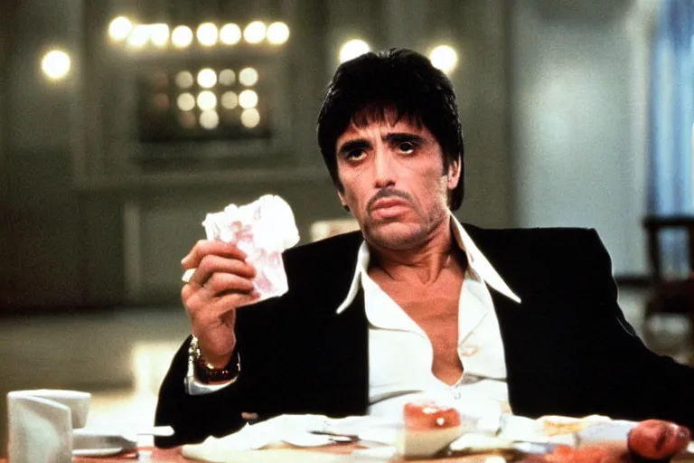 Image similar to medium shot. tony montana from movie scarface 1 9 8 3 sitting at a table with package of cocaine. al pacino. perfect symmetric face, coherent eyes, fine details, 4 k, ron cobb. cinestill