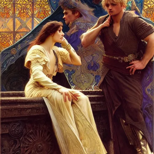 Prompt: manly arthur pendragon and manly merlin. focus on their faces. highly detailed painting by gaston bussiere, j. c. leyendecker, alphonse mucha, greg rutkowski, 8 k