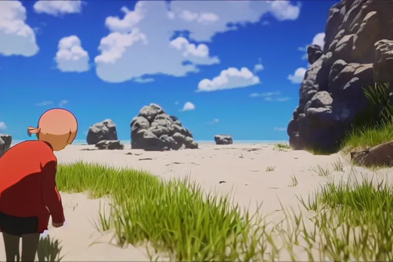 Prompt: semi realistic first person studio ghibli shooter game trailer on a shining beach, cinematic lighting, ray tracing, unreal engine 5, photorealistic