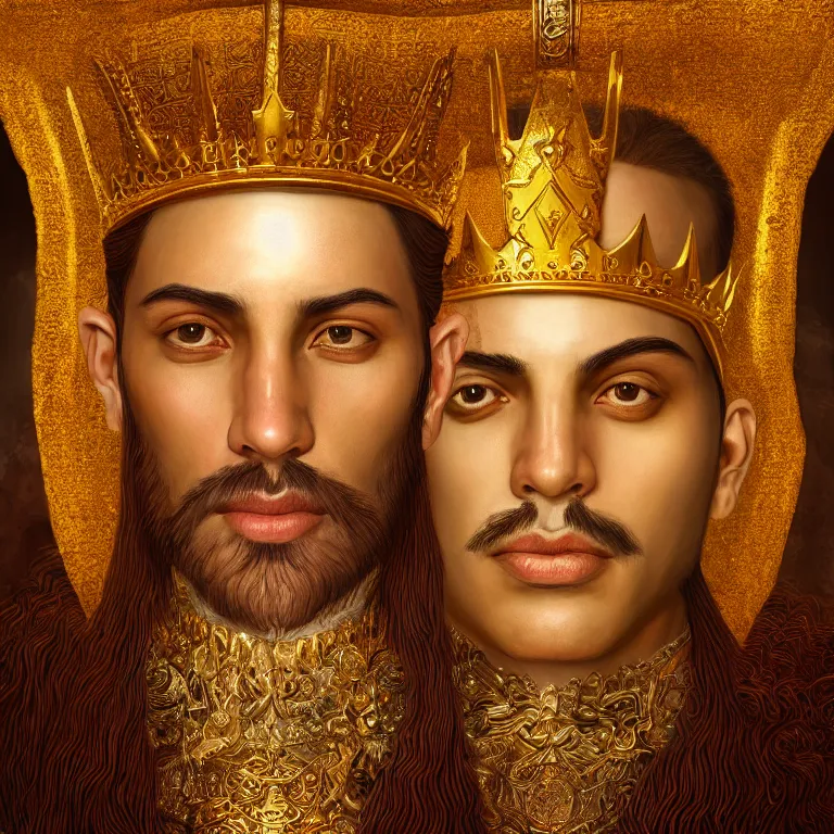 Prompt: highly detailed portrait of agharta ´ s king brightening on gold majestic in the entrance castle kingdom of agharta, land of advanced races, giant, hollow earth infographic, hiperrealistc, global illumination, radiant light, detailed and intricate environment, trending on artstation, art by oleg oprisco, 8 k